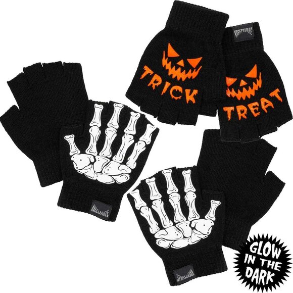 Fingerless Gloves Skeleton Trick or Treat Glow in Dark Goth Punk 2 Unisex Sizes - Picture 1 of 11